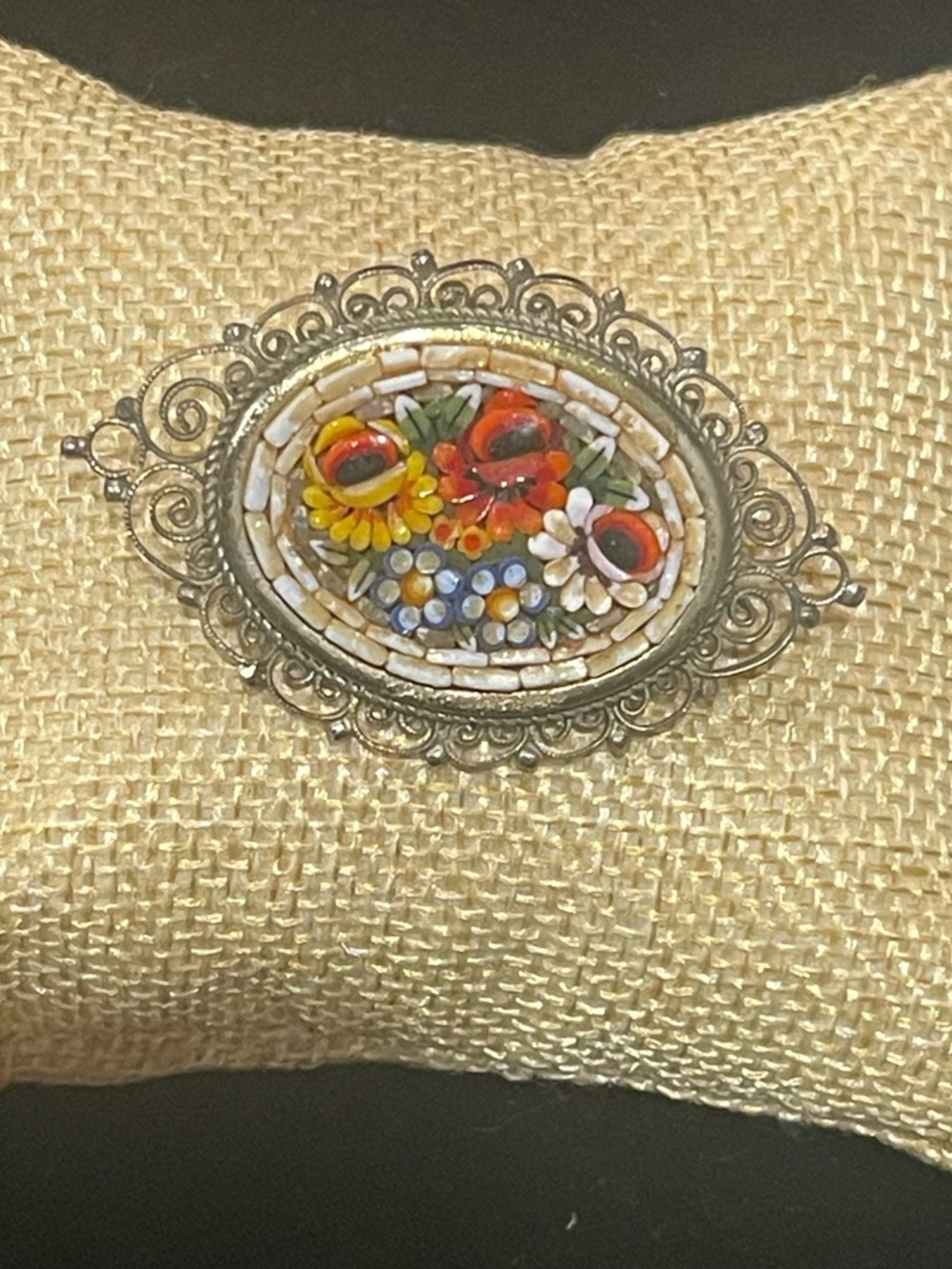 Vtg Italian Micro Mosaic Floral Brooch Oval Filigree Tile Pin Made In Italy